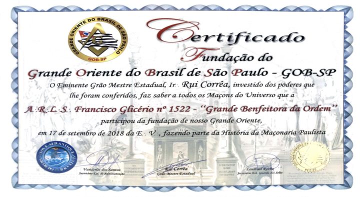 Loja Maçônica Francisco Glicério recebe homenagem do Grande Oriente do Brasil de São Paulo